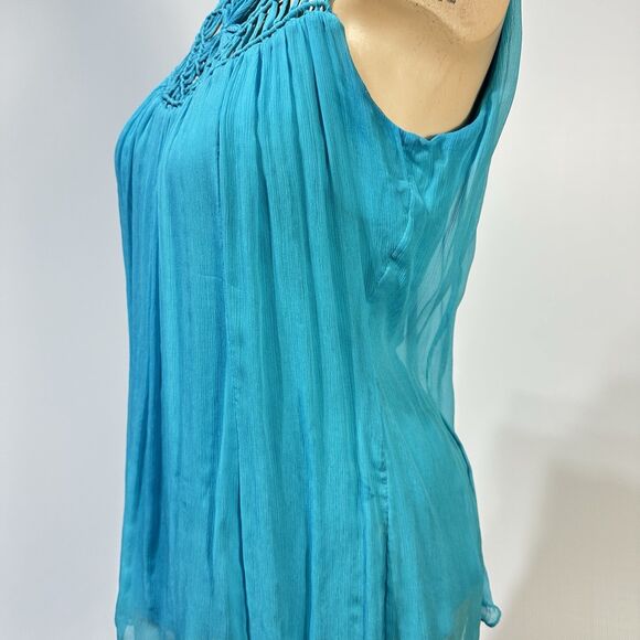 Cache Women's Silk Blouse  Top Layered Size S Turquoise Crochet Neckline Y2K - Picture 4 of 9
